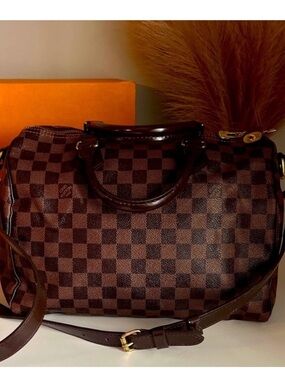 Louis Vuitton Brown Checkered Handbag with Red Interior Speedy Bandouleir 25